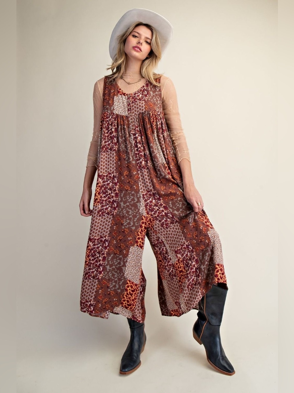 Easel Brown Patchwork Floral Jumpsuit